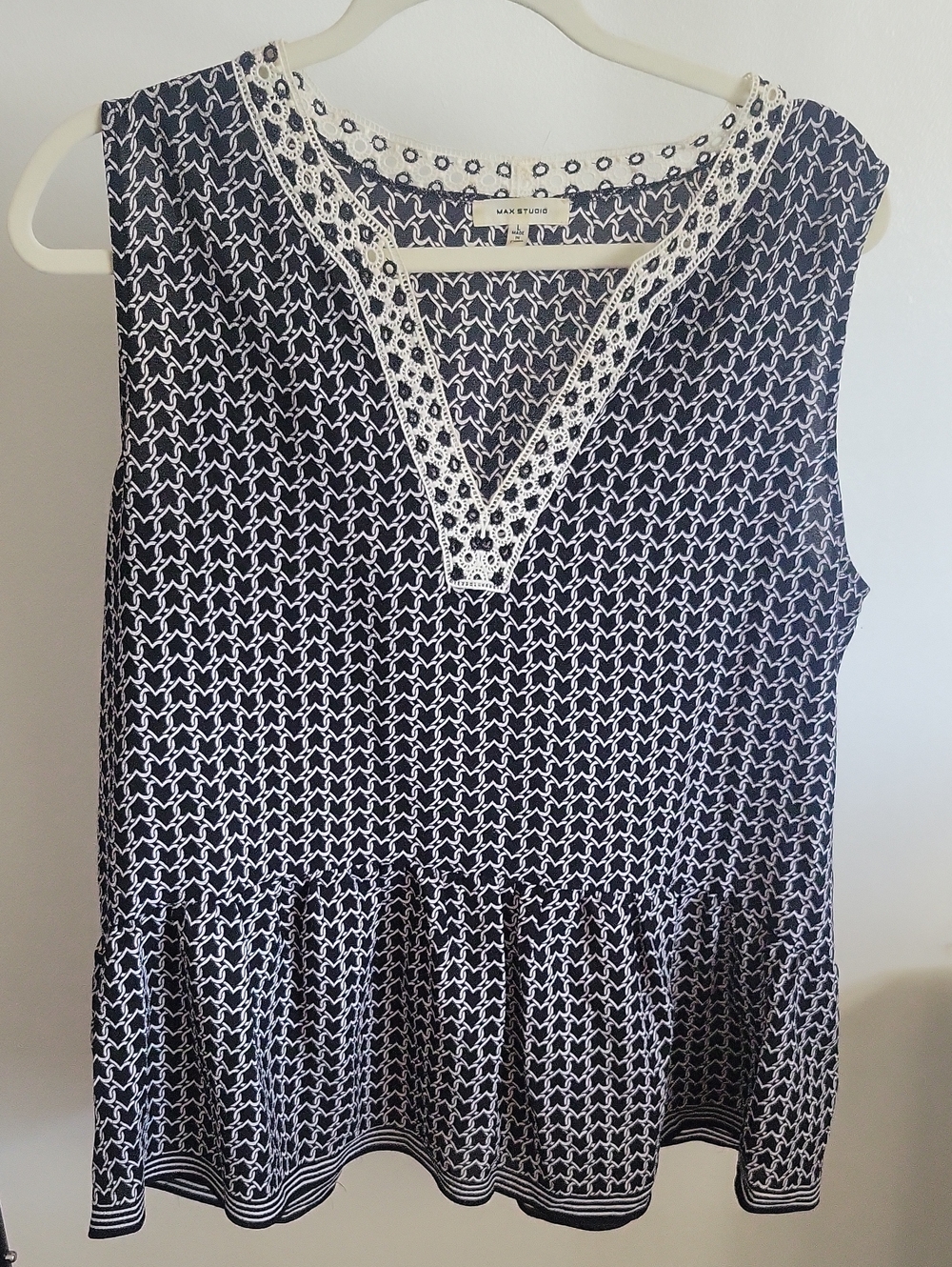 Max Studio Navy and White Sleeveless Peplum Tank with Lace V-Neck